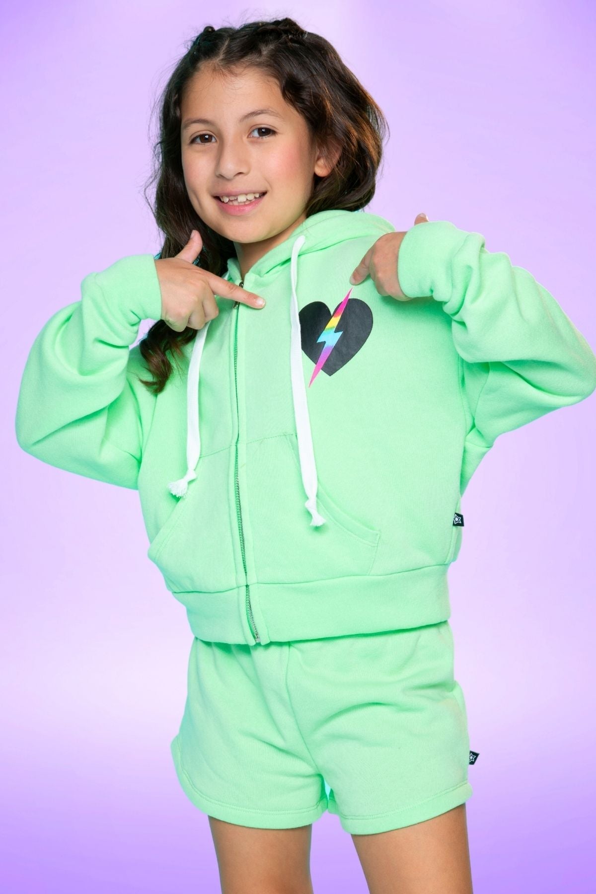 Cotton Soft French Terry Drop Shoulder Zip Hoodie - Neon Pink Heart