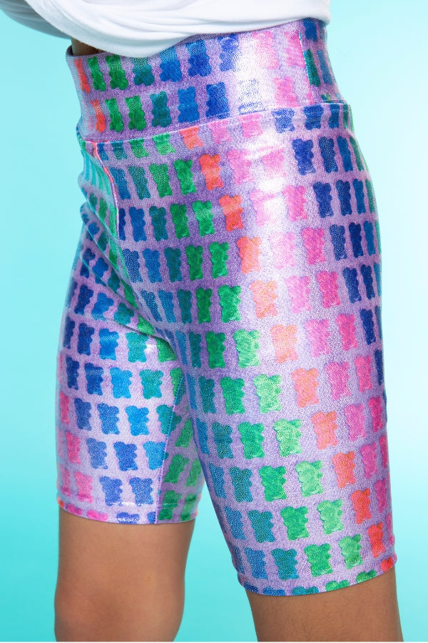High Shine Biker Short - Silver Rainbow Gummy Bear