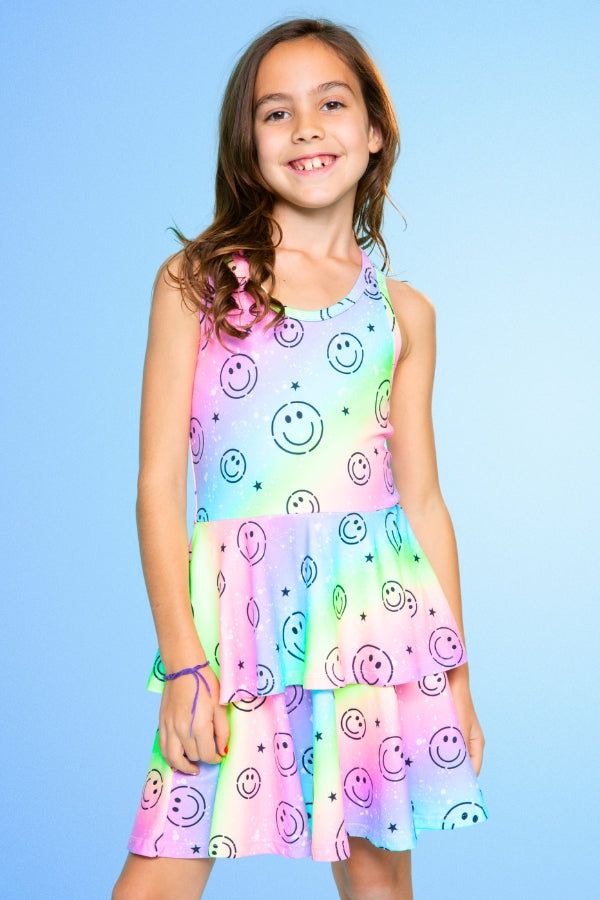 Simply Soft Racerback Ruffle Skirt Dress - Blue White Emojis Stickers