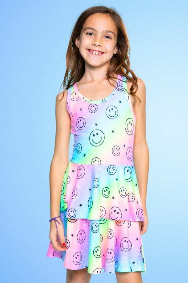Simply Soft Racerback Ruffle Skirt Dress - Blue White Emojis Stickers