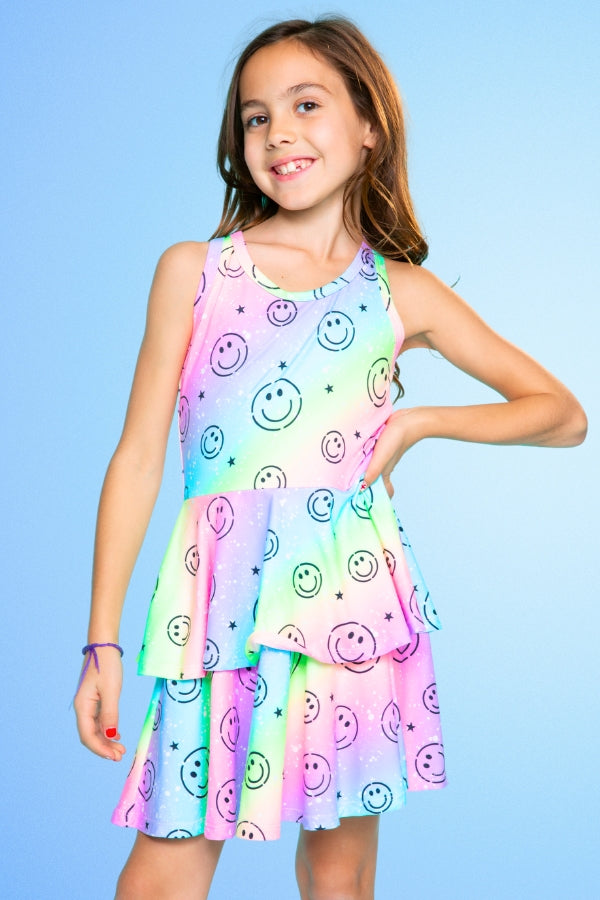 Simply Soft Racerback Ruffle Skirt Dress - Blue White Emojis Stickers