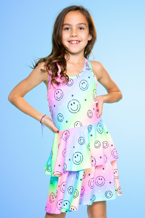 Simply Soft Racerback Ruffle Skirt Dress - Blue White Emojis Stickers