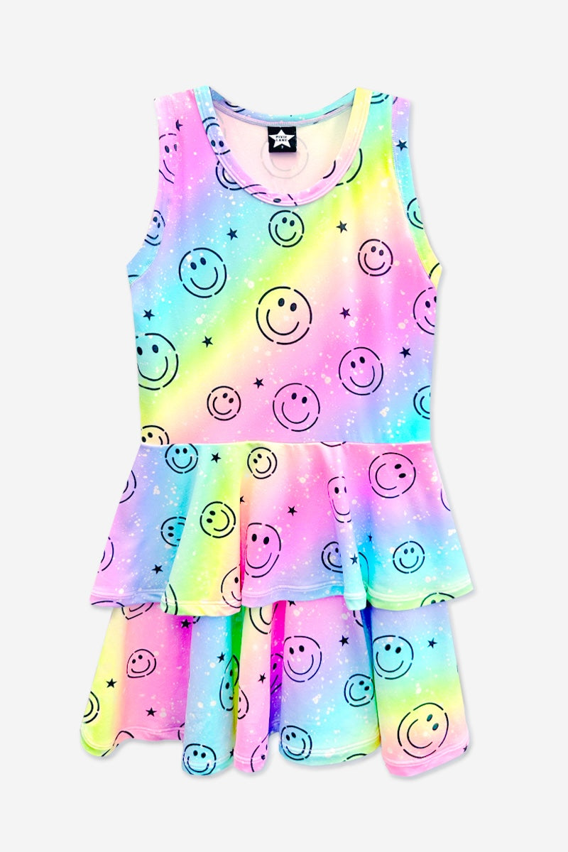 Simply Soft Racerback Ruffle Skirt Dress - Blue White Emojis Stickers