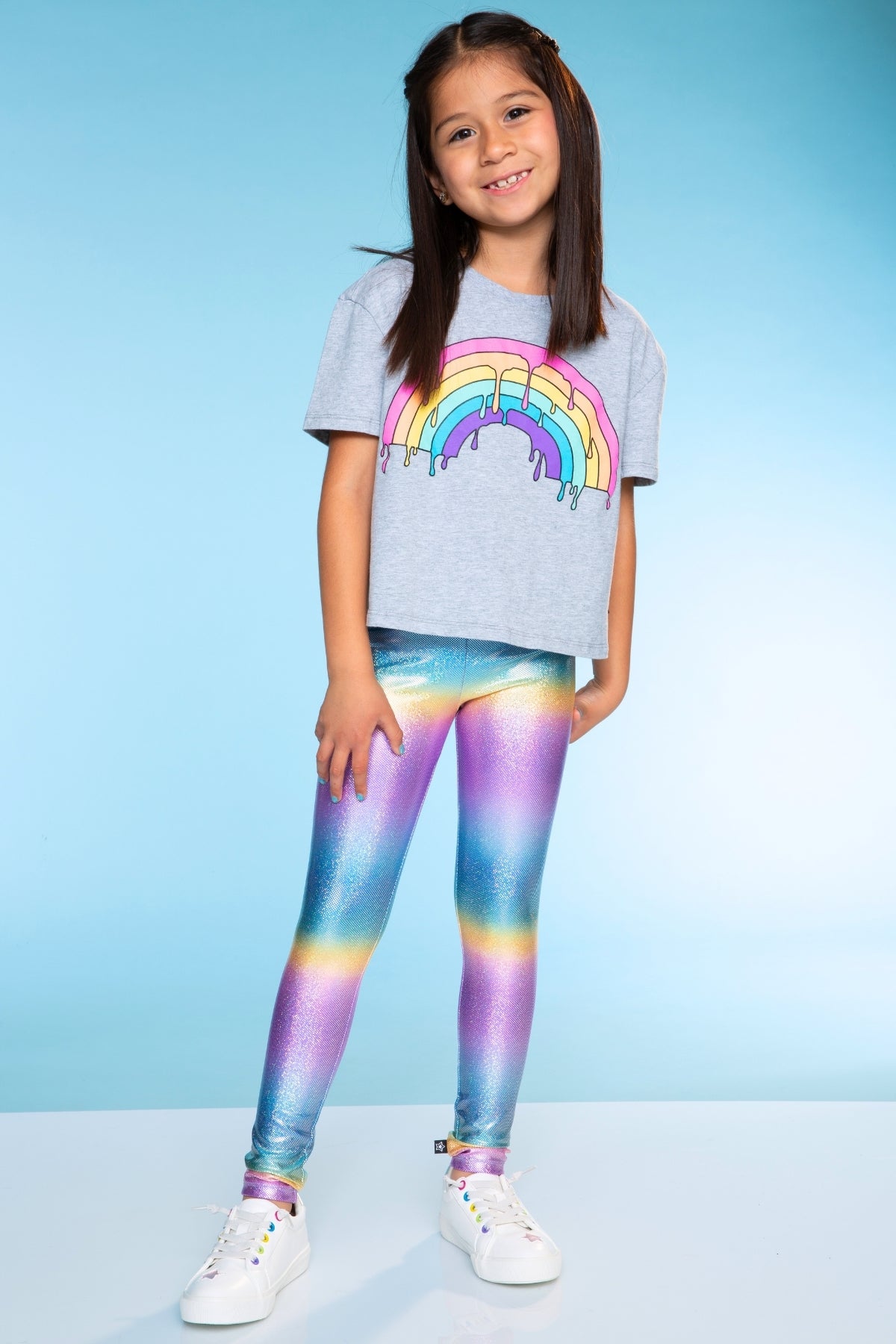 Washed Cotton Drop Shoulder Tee - Heather Grey Rainbow Drip