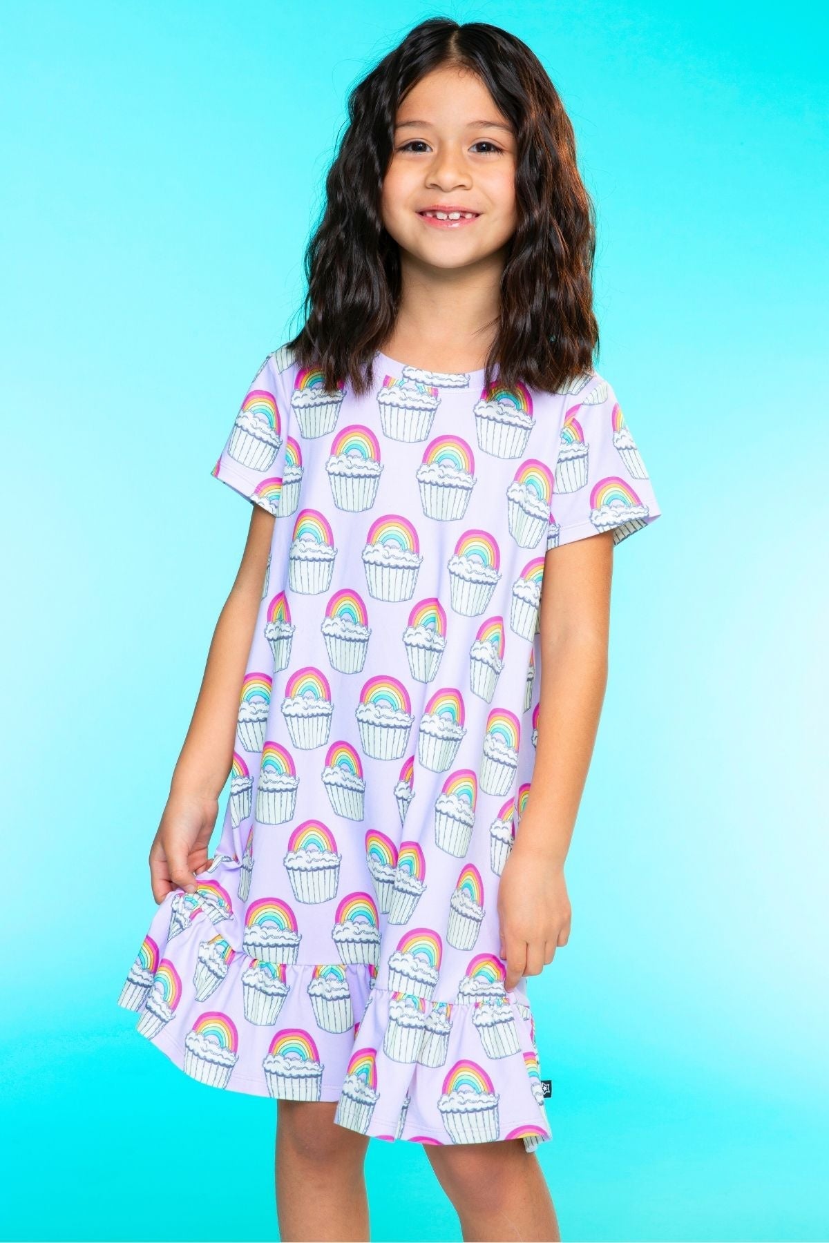 Simply Soft Short Sleeve Ruffle Lounge Dress - Lilac Rainbow Gummy Bear