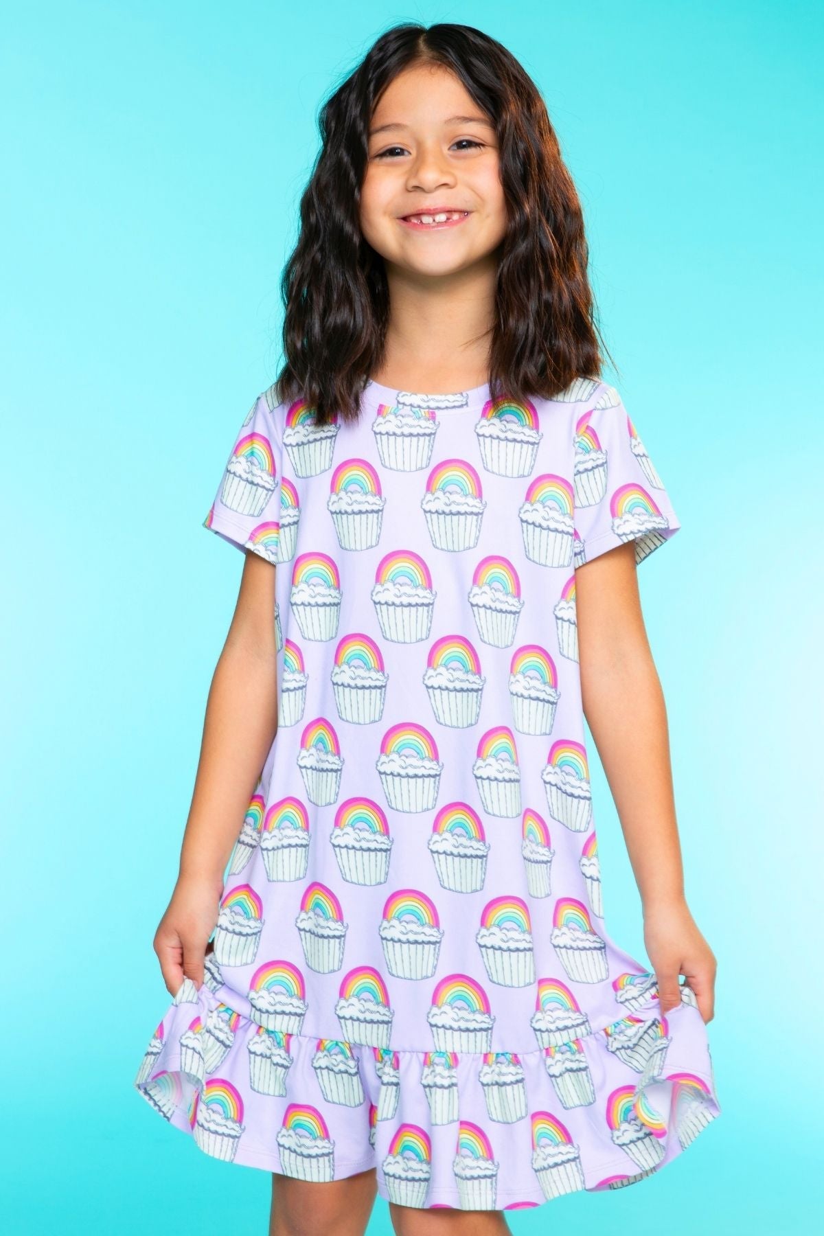 Simply Soft Short Sleeve Ruffle Lounge Dress - Lilac Rainbow Gummy Bear