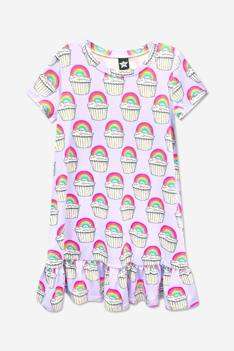 Simply Soft Short Sleeve Ruffle Lounge Dress - Lilac Rainbow Gummy Bear