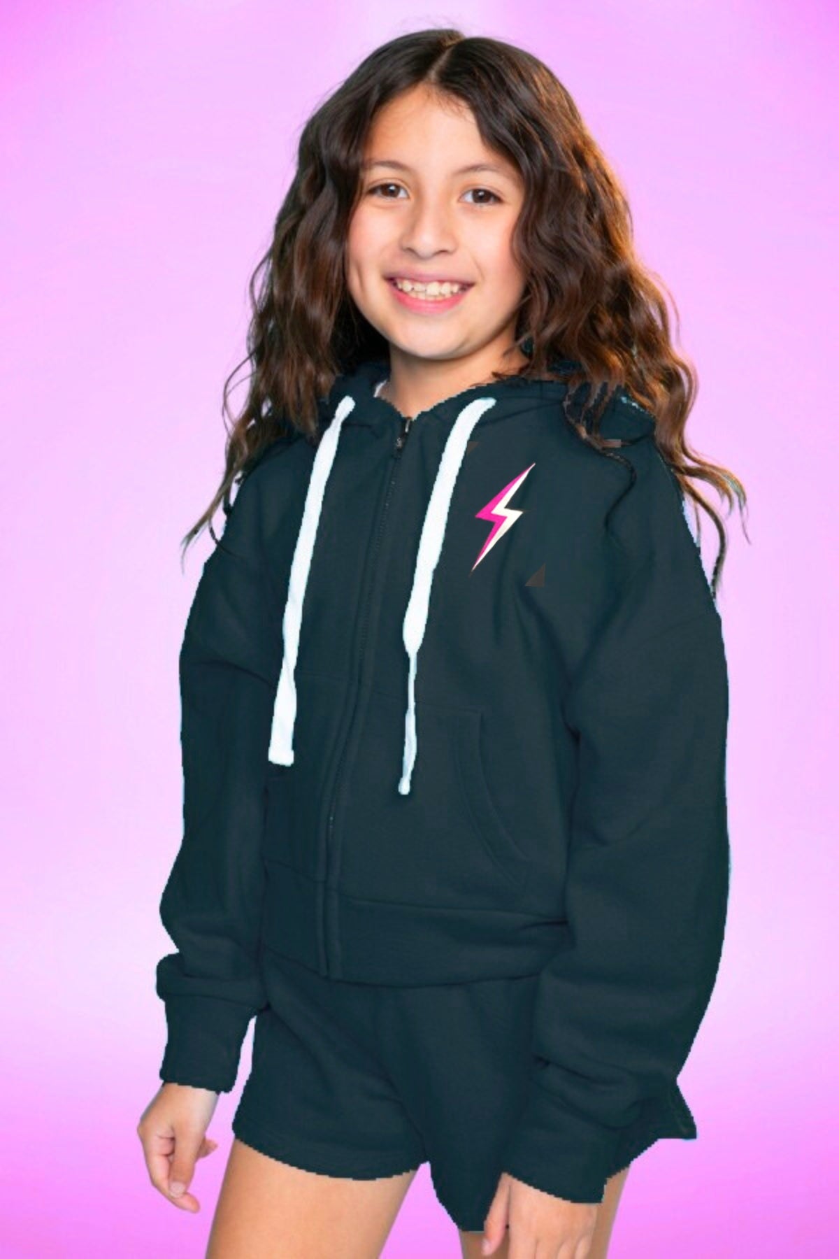 Cotton Soft French Terry Drop Shoulder Zip Hoodie - Neon Pink Heart