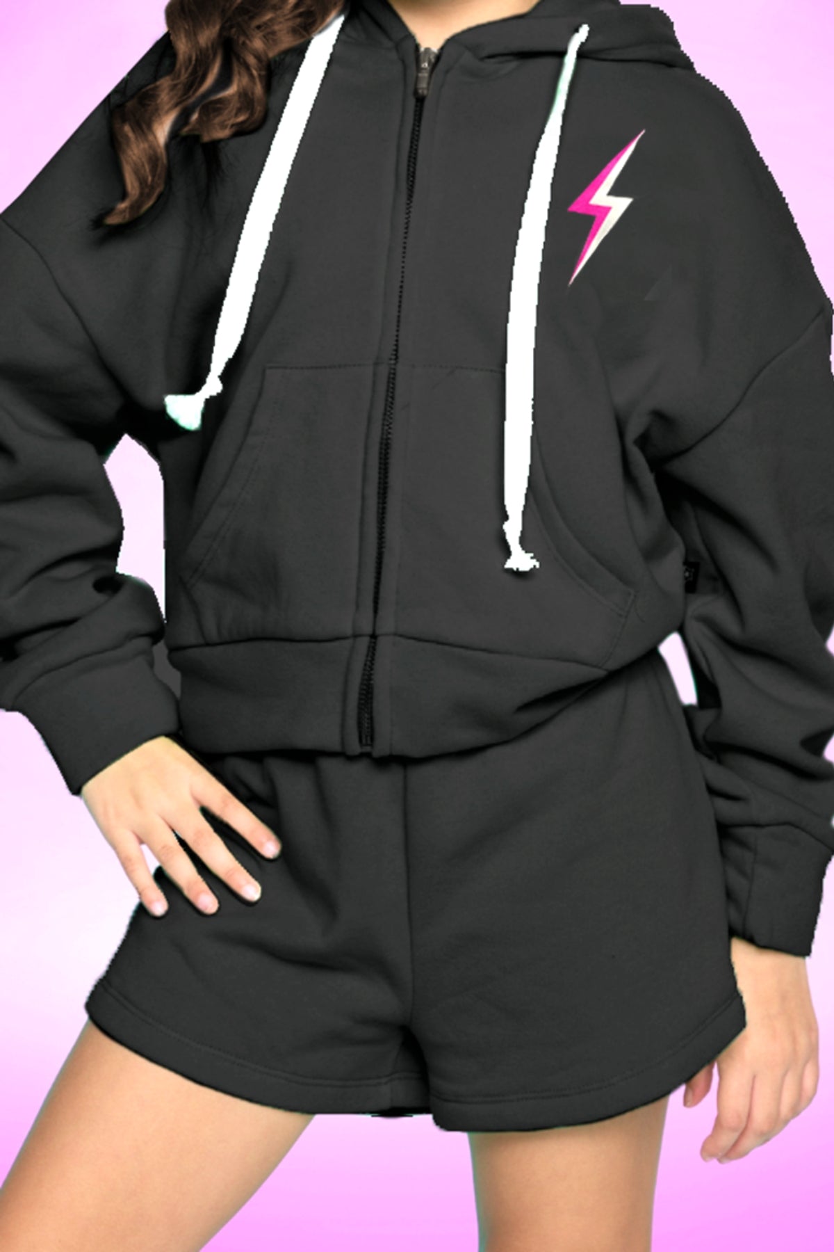 Cotton Soft French Terry Drop Shoulder Zip Hoodie - Neon Pink Heart