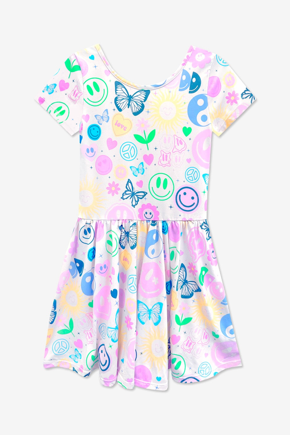 Simply Soft Short Sleeve Scoop Back Be Happy Dress - Lt Pink Rainbow Leopard Heart
