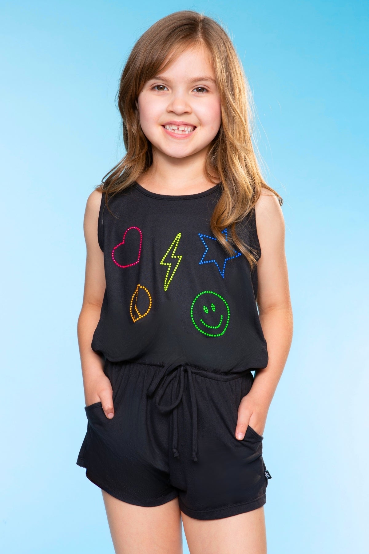 Simply Soft Tank Romper - Denim Rainbow Graffiti