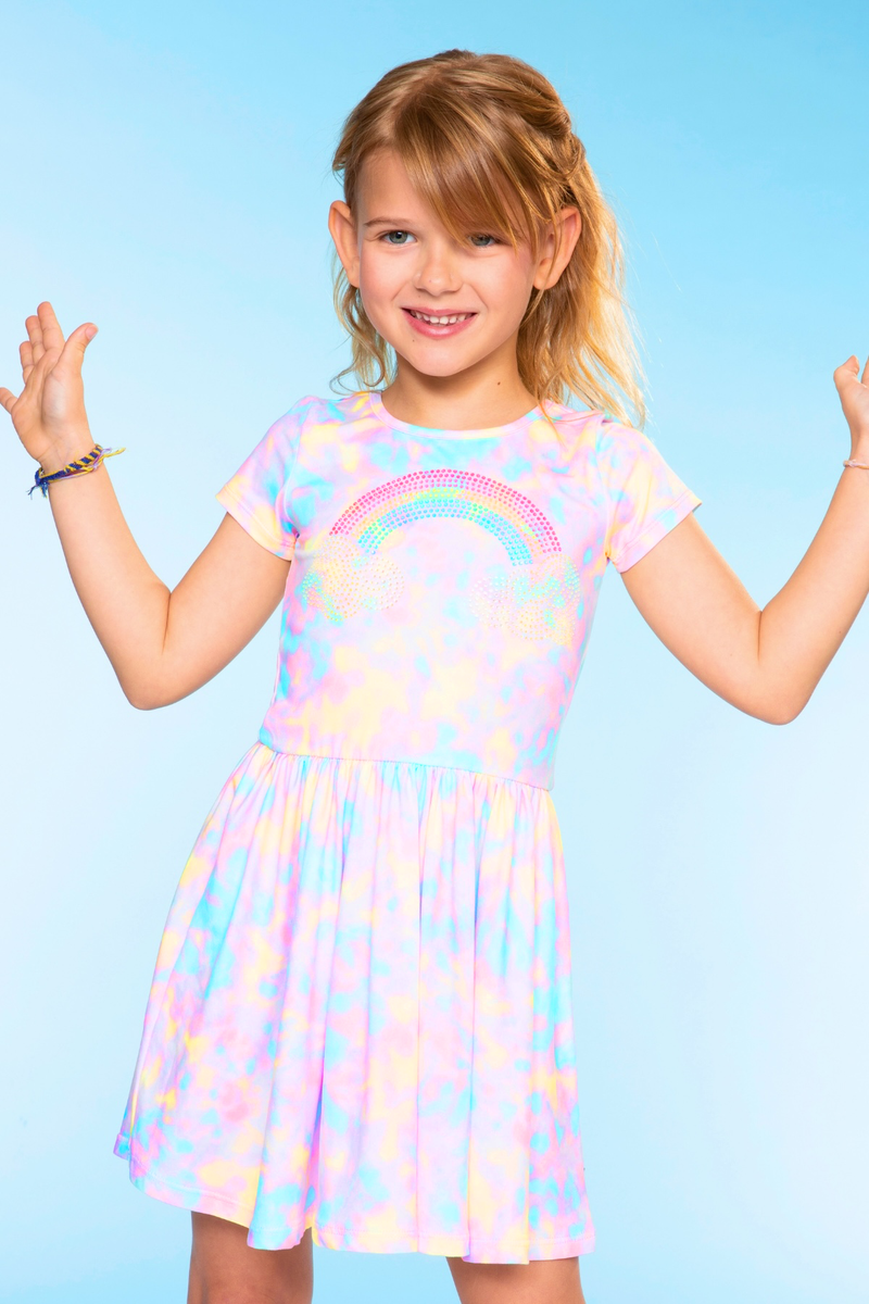 Simply Soft Short Sleeve Scoop Back Be Happy Dress - Pastel Tie Dye Rainbow Crystals