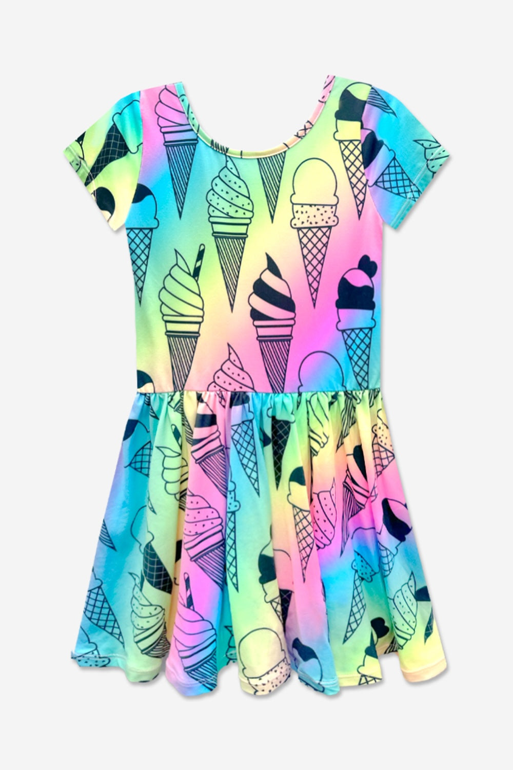 Simply Soft Short Sleeve Scoop Back Be Happy Dress - Lt Pink Rainbow Leopard Heart