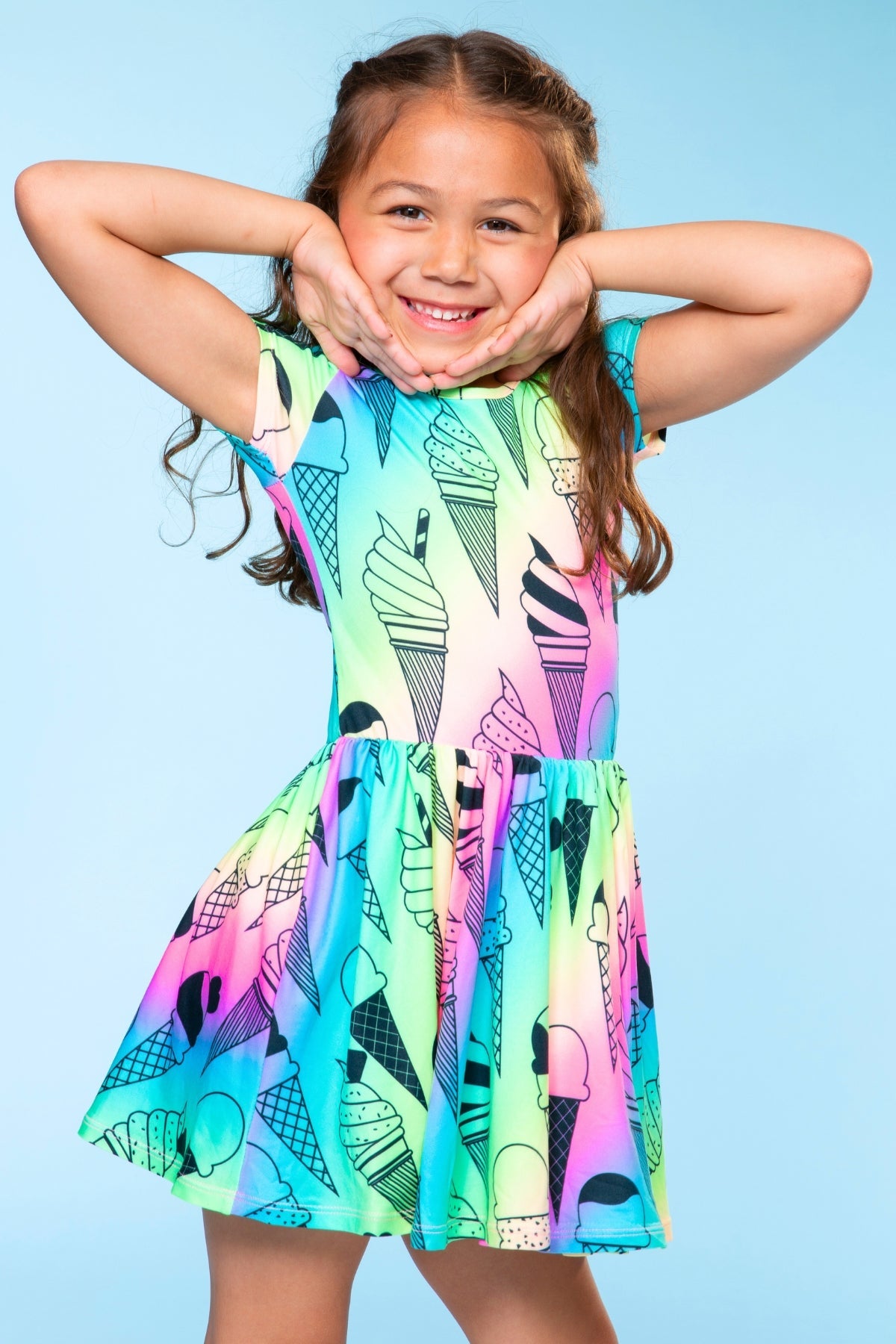 Simply Soft Short Sleeve Scoop Back Be Happy Dress - Lt Pink Rainbow Leopard Heart