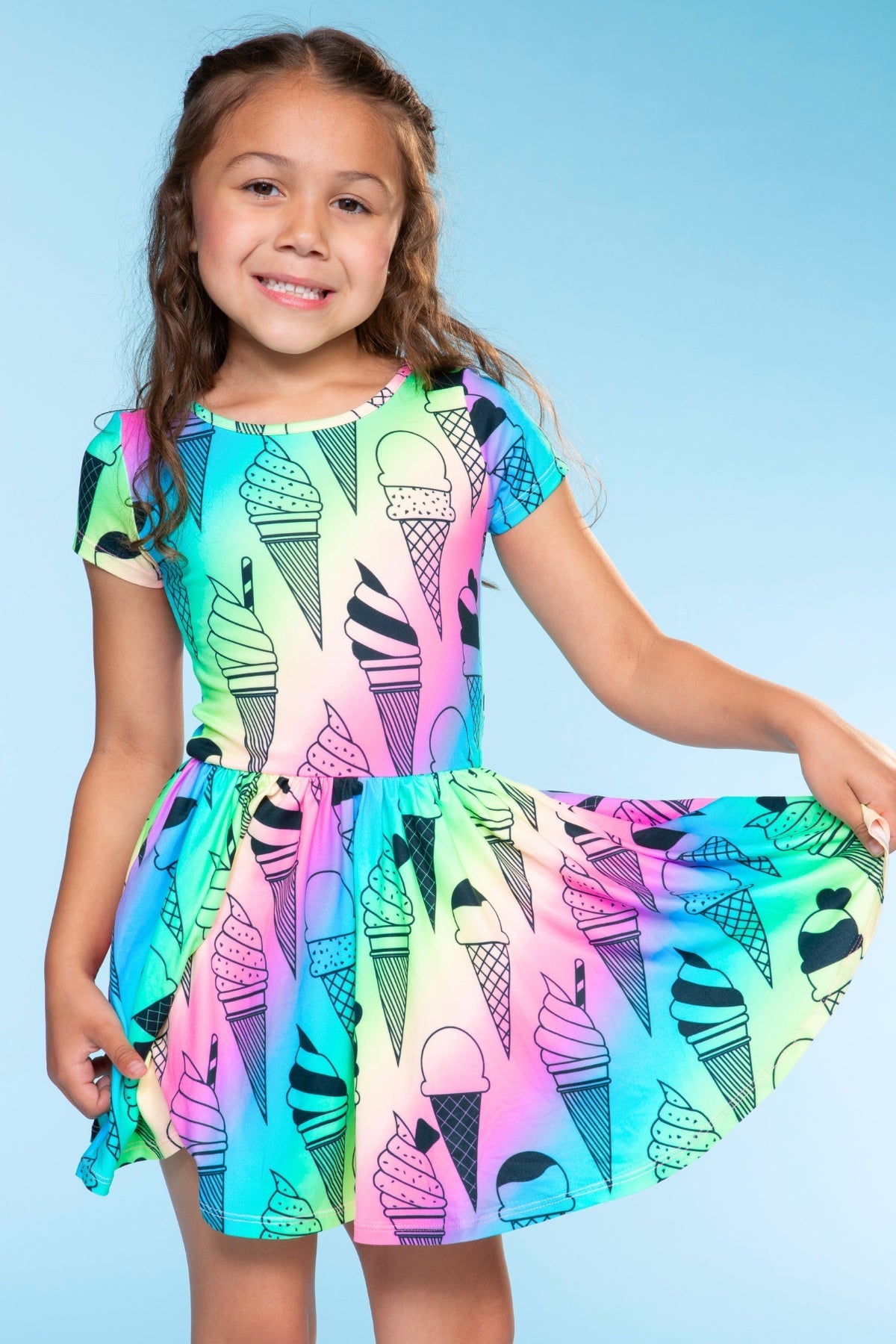 Simply Soft Short Sleeve Scoop Back Be Happy Dress - Lt Pink Rainbow Leopard Heart