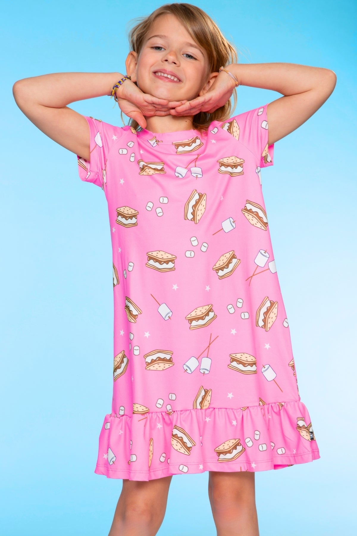 Simply Soft Short Sleeve Ruffle Lounge Dress - Lilac Rainbow Gummy Bear