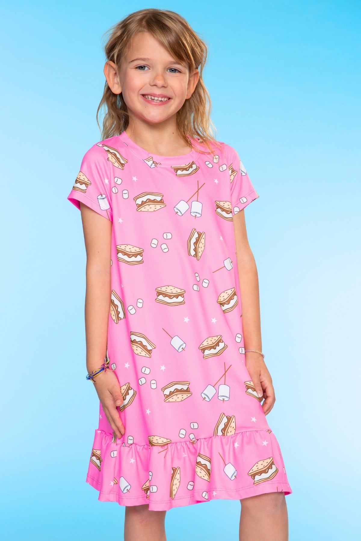 Simply Soft Short Sleeve Ruffle Lounge Dress - Lilac Rainbow Gummy Bear