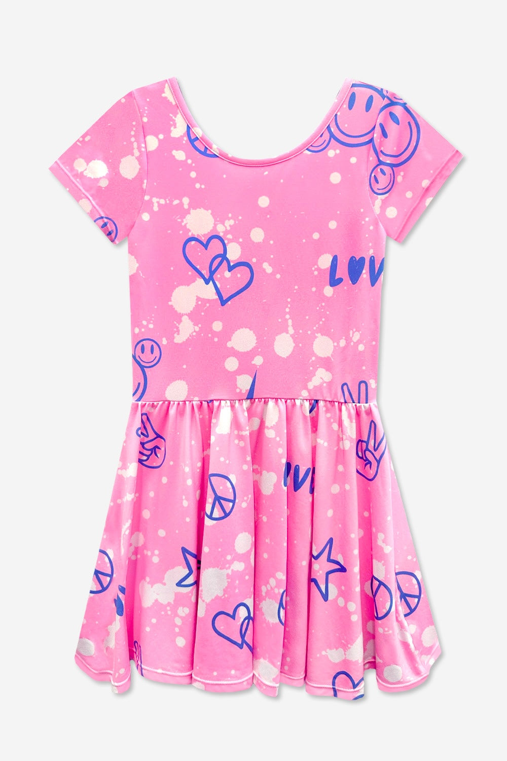 Simply Soft Short Sleeve Scoop Back Be Happy Dress - Lt Pink Rainbow Leopard Heart
