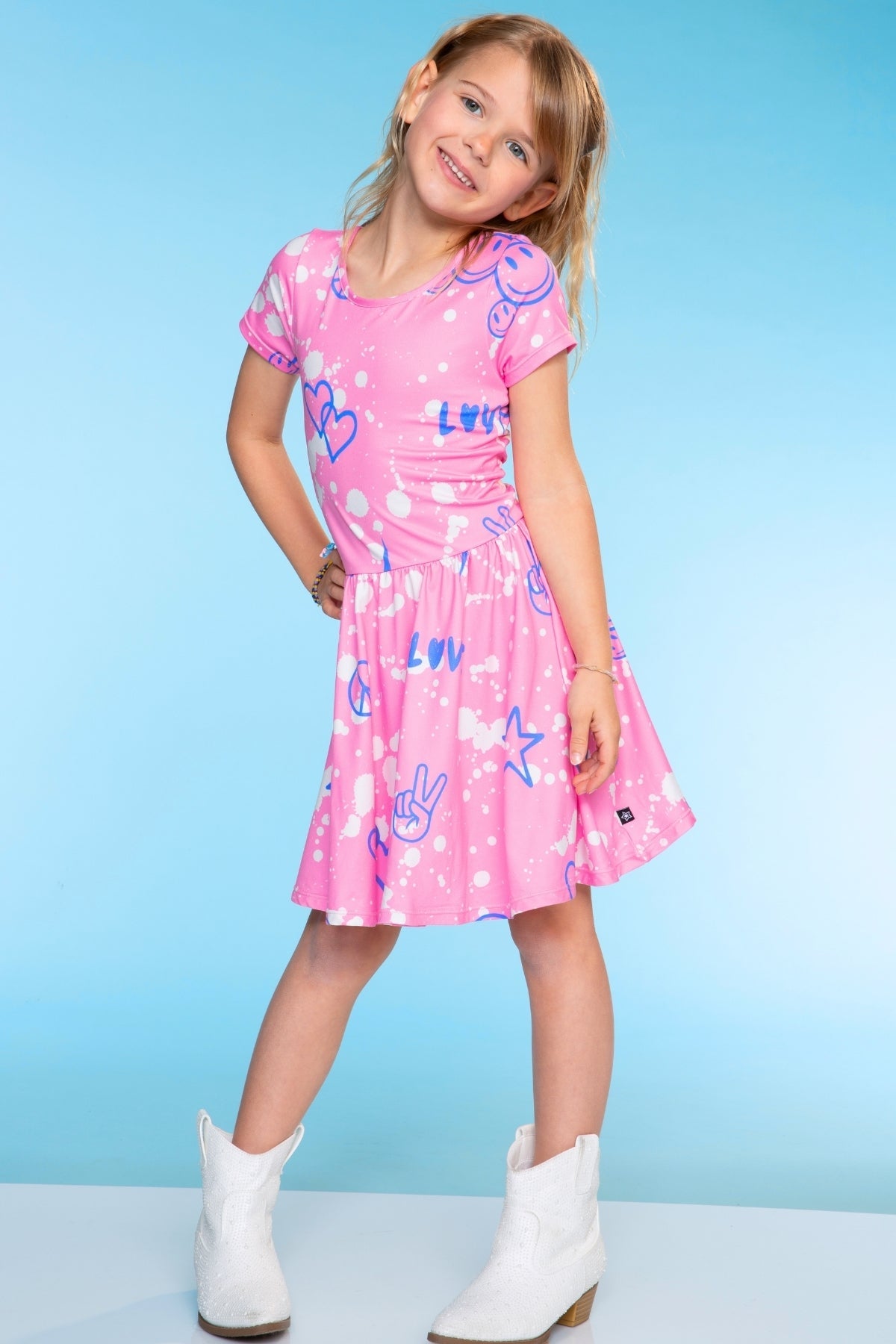 Simply Soft Short Sleeve Scoop Back Be Happy Dress - Pink Tie Dye Cherry Bow