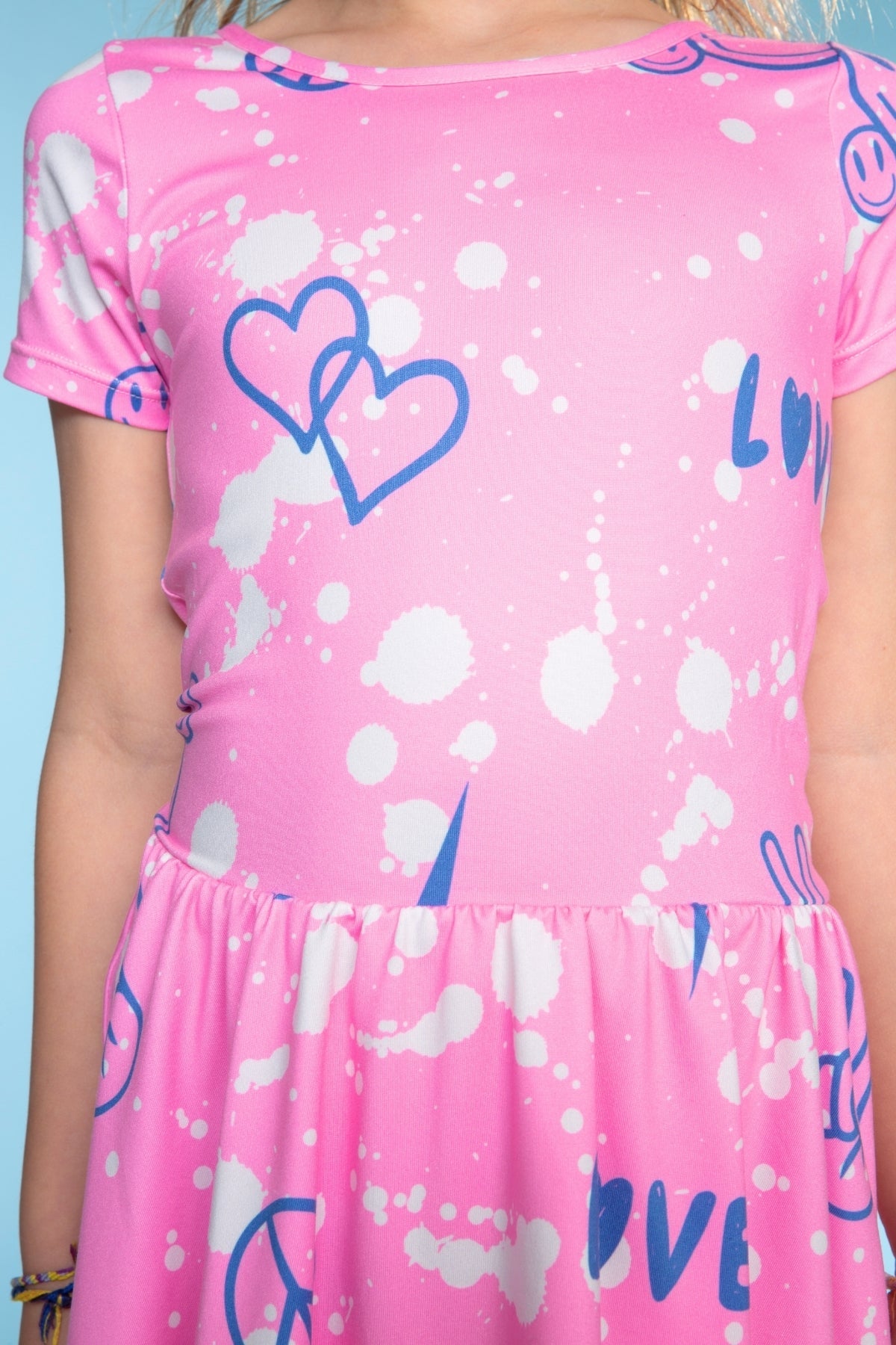 Simply Soft Short Sleeve Scoop Back Be Happy Dress - Lt Pink Rainbow Leopard Heart