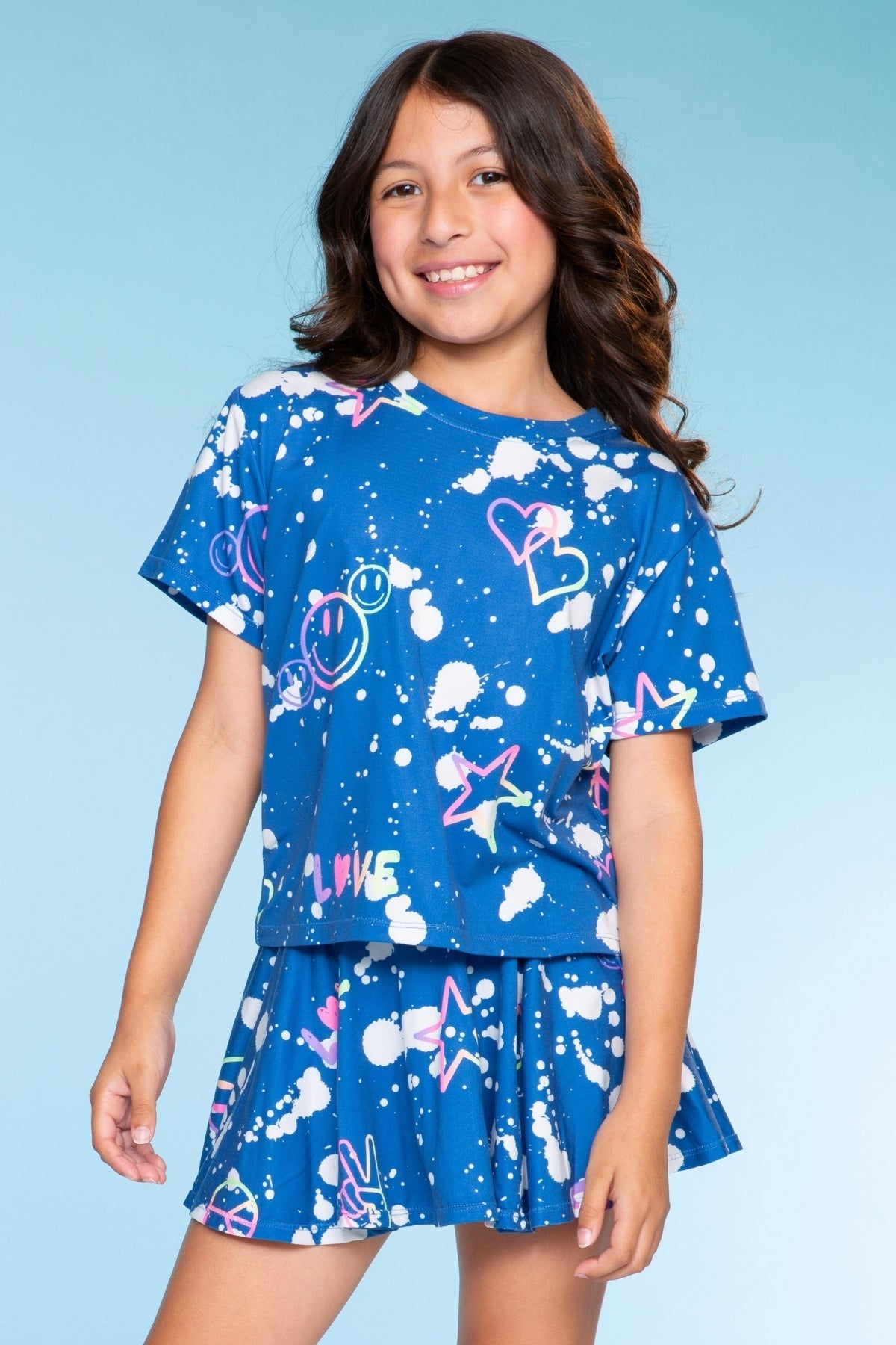 Simply Soft Easy Tee & Skort Set - Denim Tie Dye Graffiti Elements - NEW!