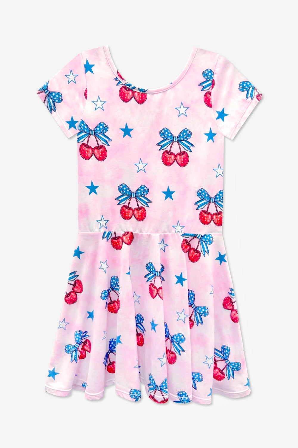 Simply Soft Short Sleeve Scoop Back Be Happy Dress - Pink Tie Dye Cherry Bow