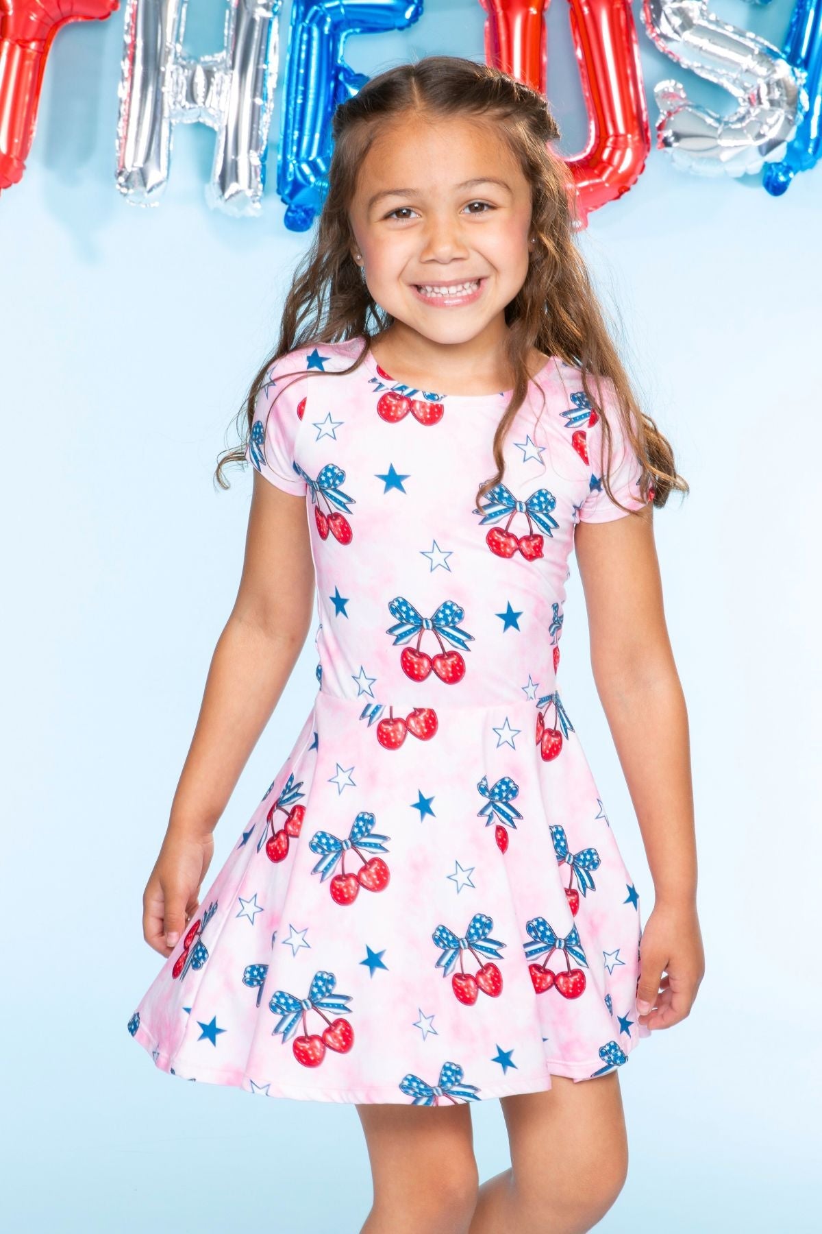 Simply Soft Short Sleeve Scoop Back Be Happy Dress - Pink Tie Dye Cherry Bow