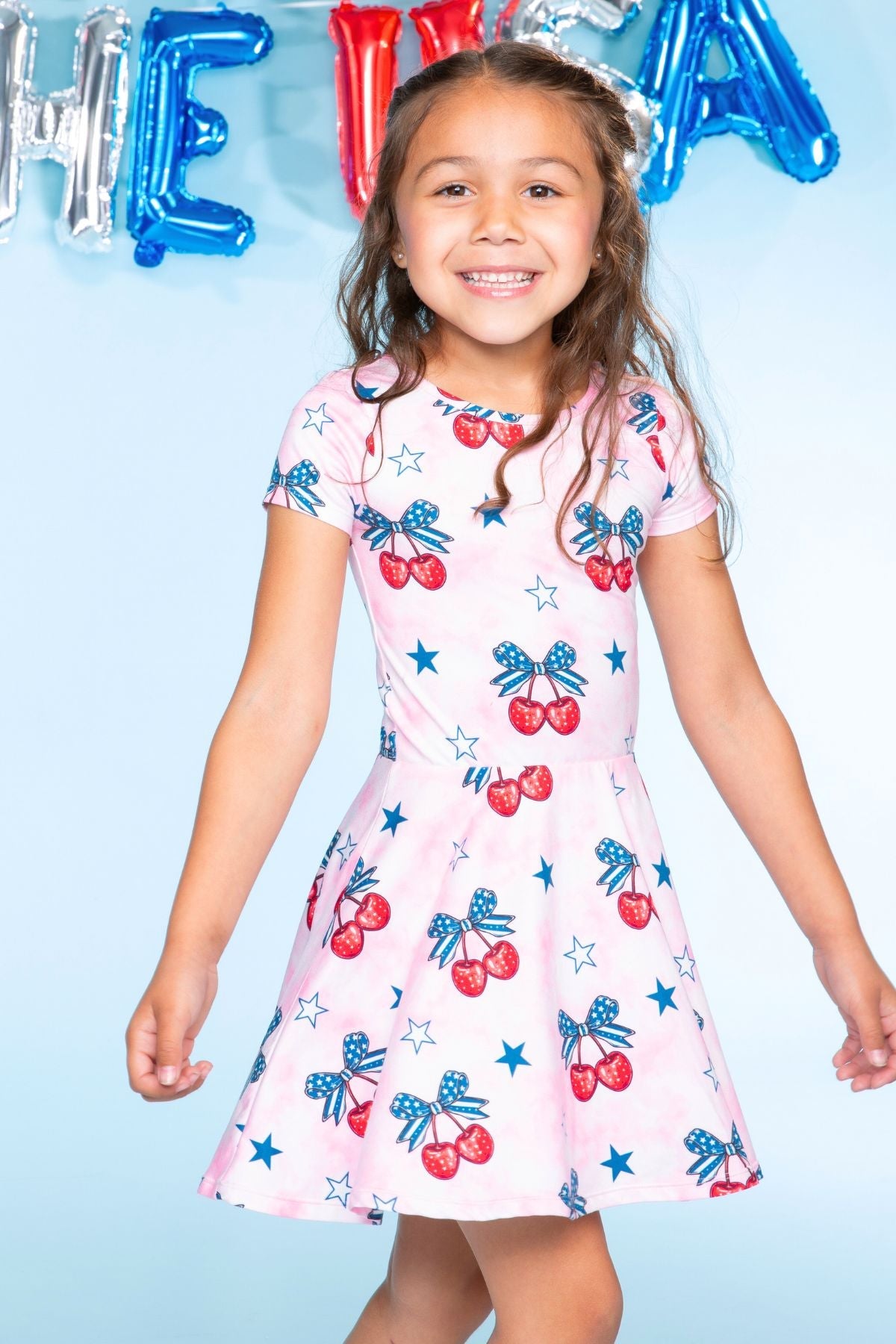 Simply Soft Short Sleeve Scoop Back Be Happy Dress - Pink Tie Dye Cherry Bow