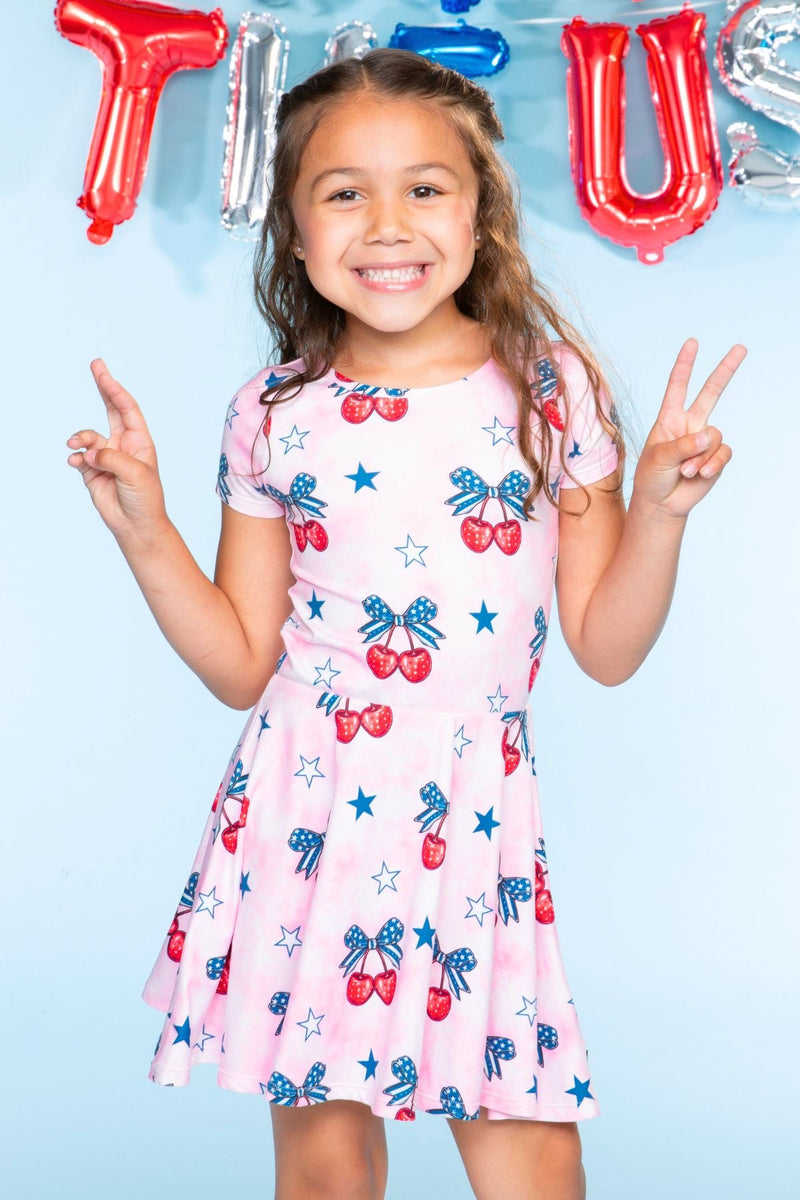 Simply Soft Short Sleeve Scoop Back Be Happy Dress - Pink Tie Dye Cherry Bow