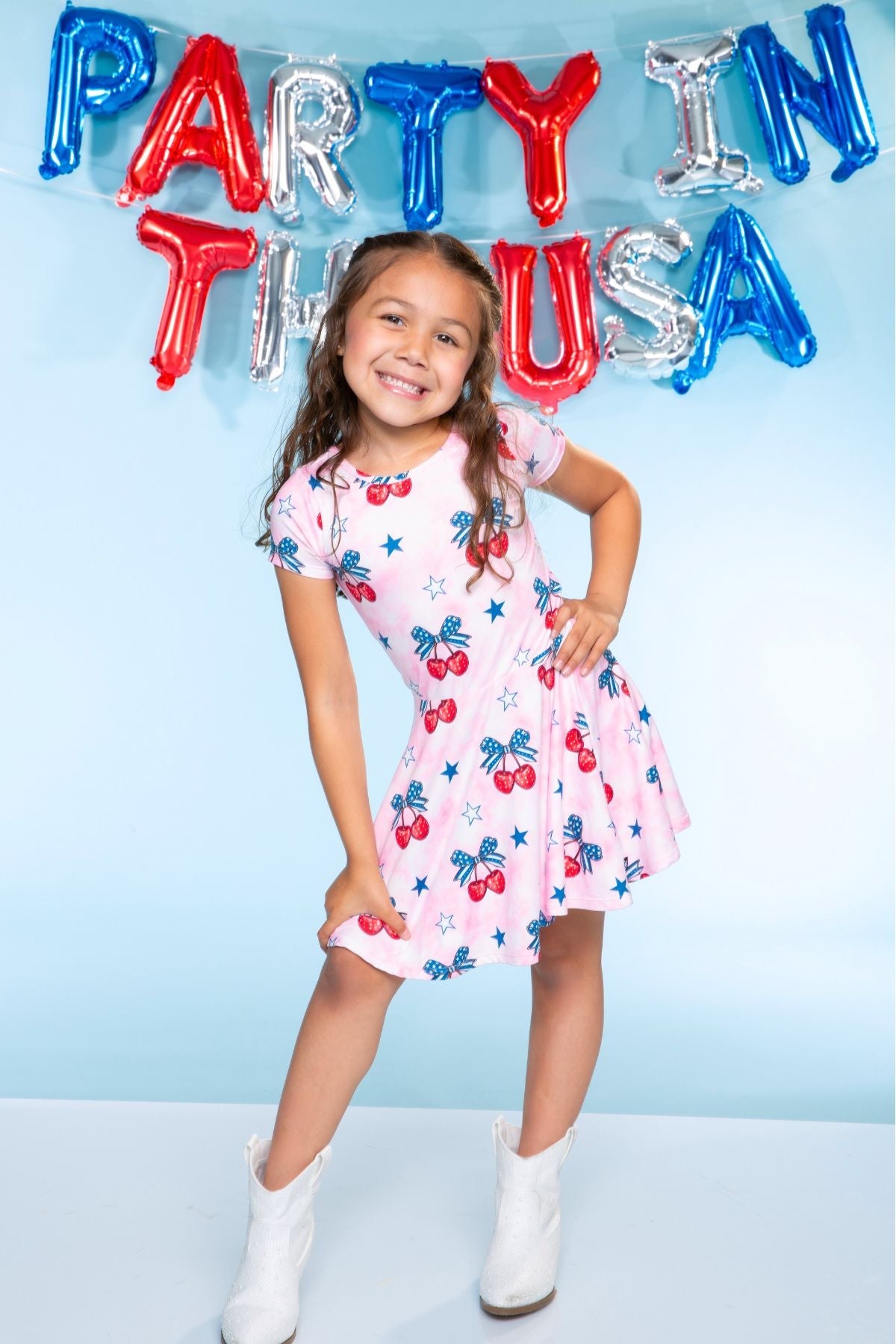 Simply Soft Short Sleeve Scoop Back Be Happy Dress - Pink Tie Dye Cherry Bow