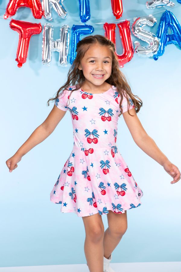 Simply Soft Short Sleeve Scoop Back Be Happy Dress - Pink Tie Dye Cherry Bow