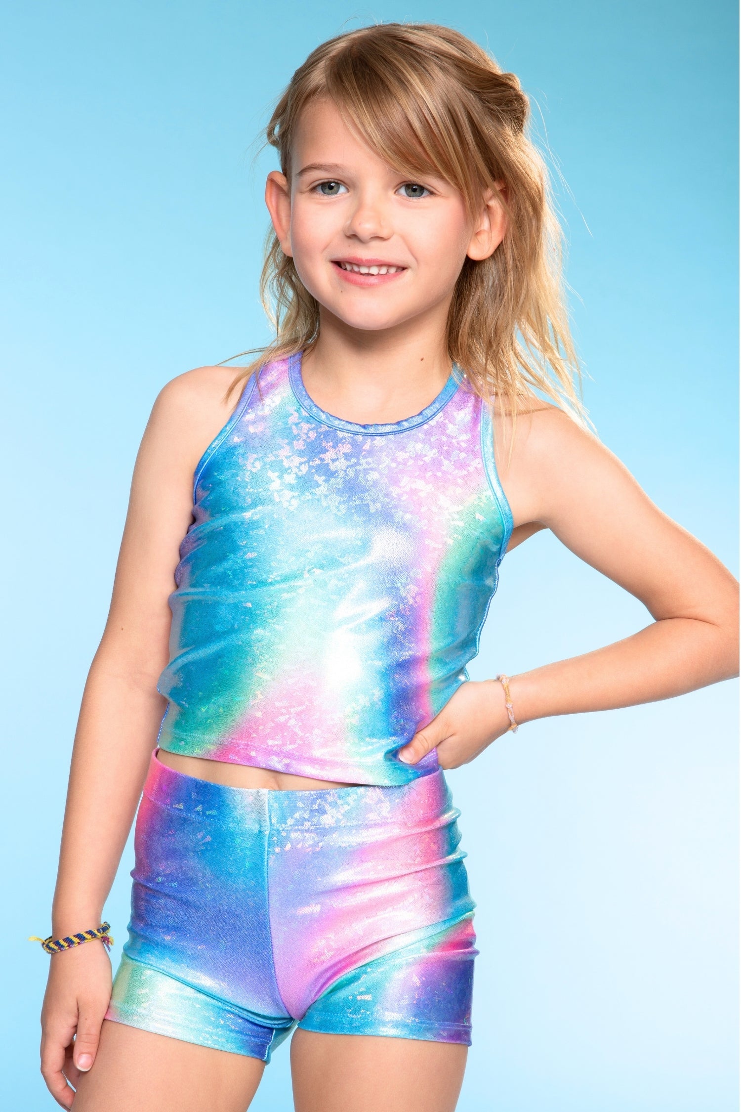 High Shine Cropped Racerback Tank & Tumble Short - Black Sparkle Rainbow Gummy Bear