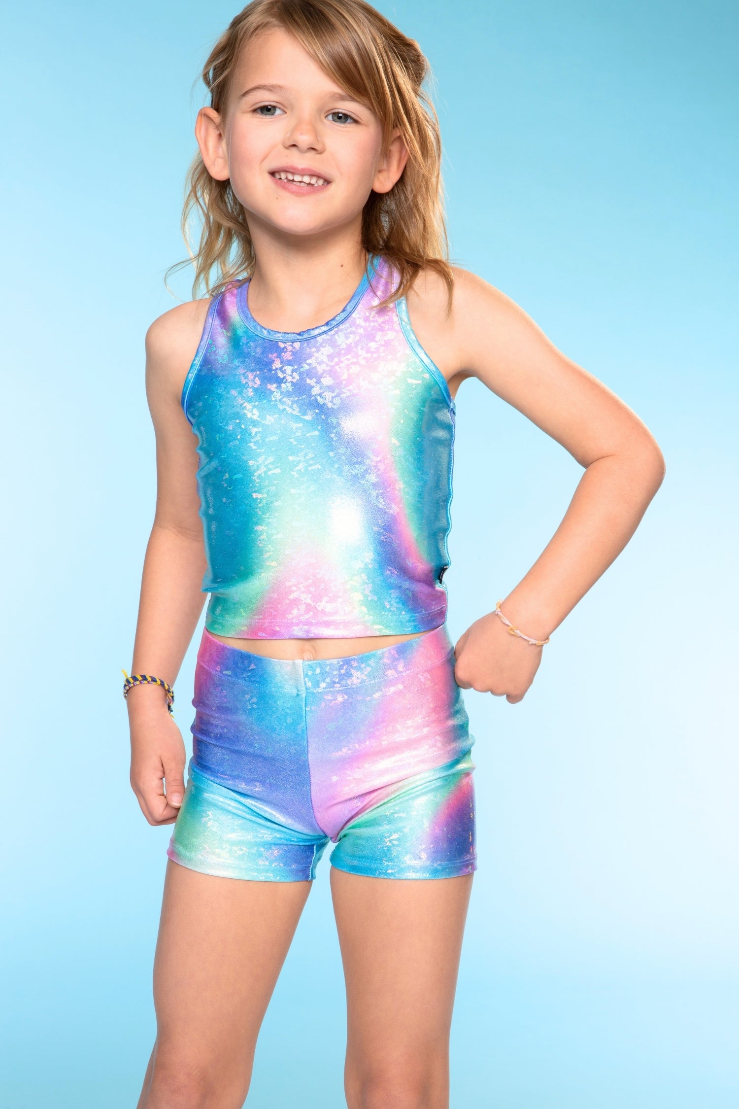 High Shine Cropped Racerback Tank & Tumble Short - Black Sparkle Rainbow Gummy Bear