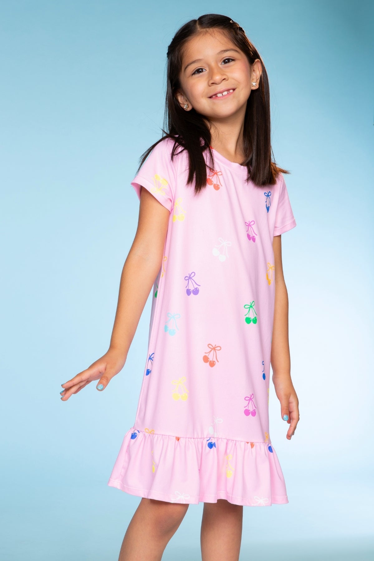 Simply Soft Short Sleeve Ruffle Lounge Dress - Lilac Rainbow Gummy Bear