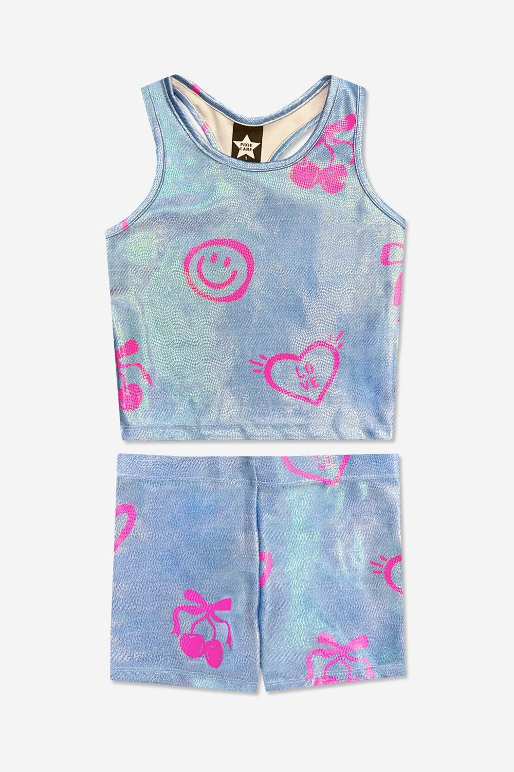 High Shine Cropped Racerback Tank & Tumble Short - Black Sparkle Rainbow Gummy Bear