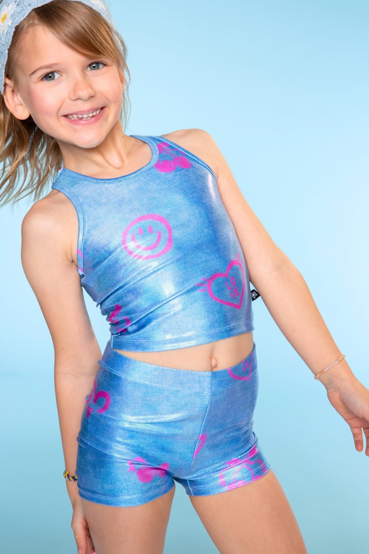 High Shine Cropped Racerback Tank & Tumble Short - Black Sparkle Rainbow Gummy Bear