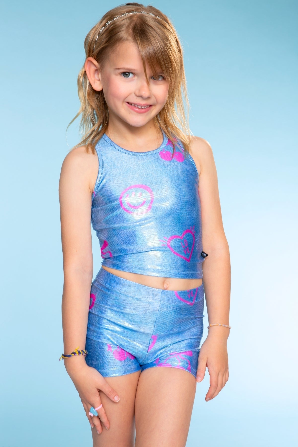 High Shine Cropped Racerback Tank & Tumble Short - Black Sparkle Rainbow Gummy Bear