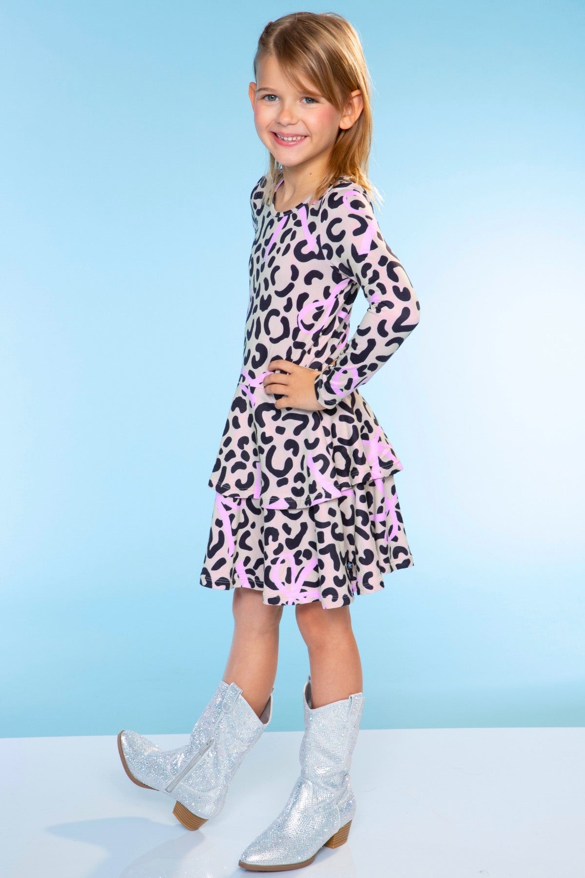 Simply Soft Long Sleeve Ruffle Skirt Dress - Black Rainbow Hearts