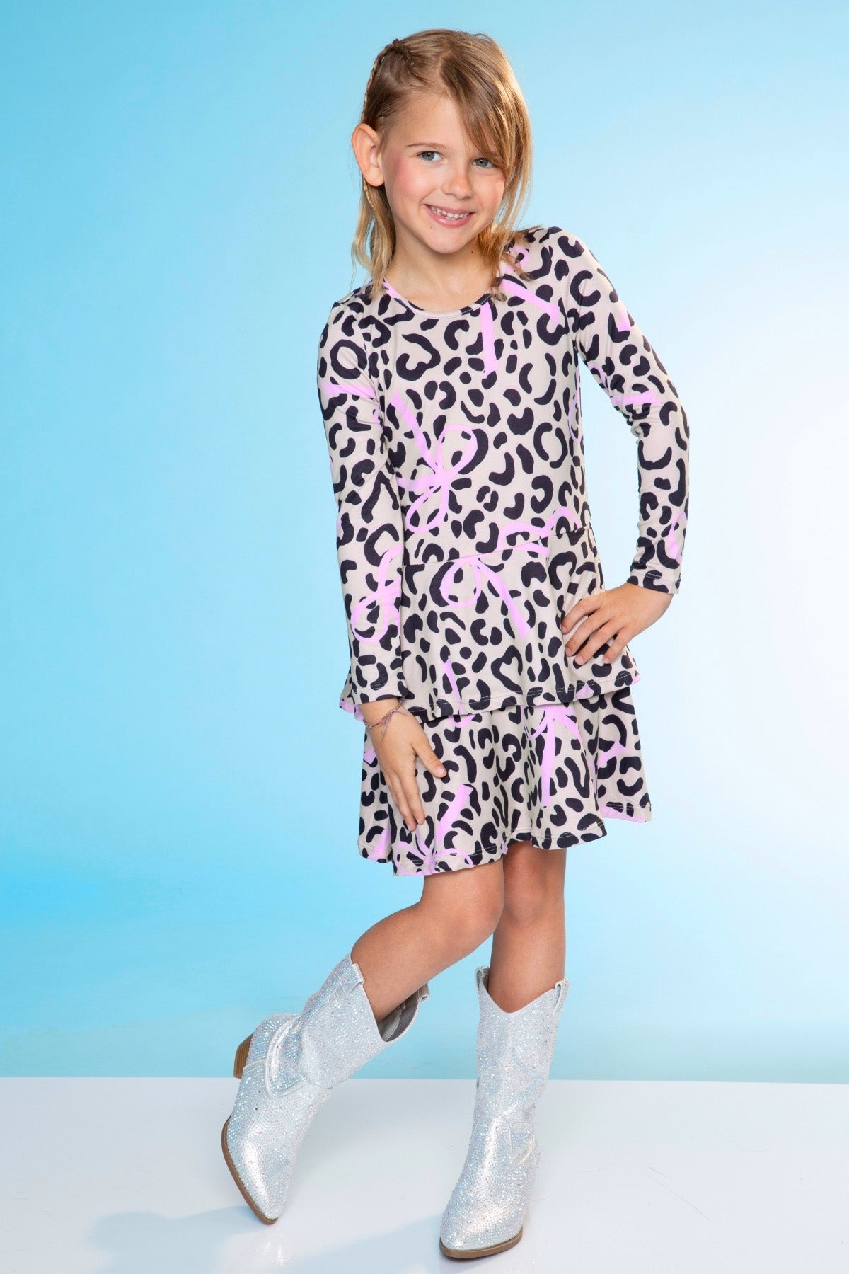 Simply Soft Long Sleeve Ruffle Skirt Dress - Black Rainbow Hearts