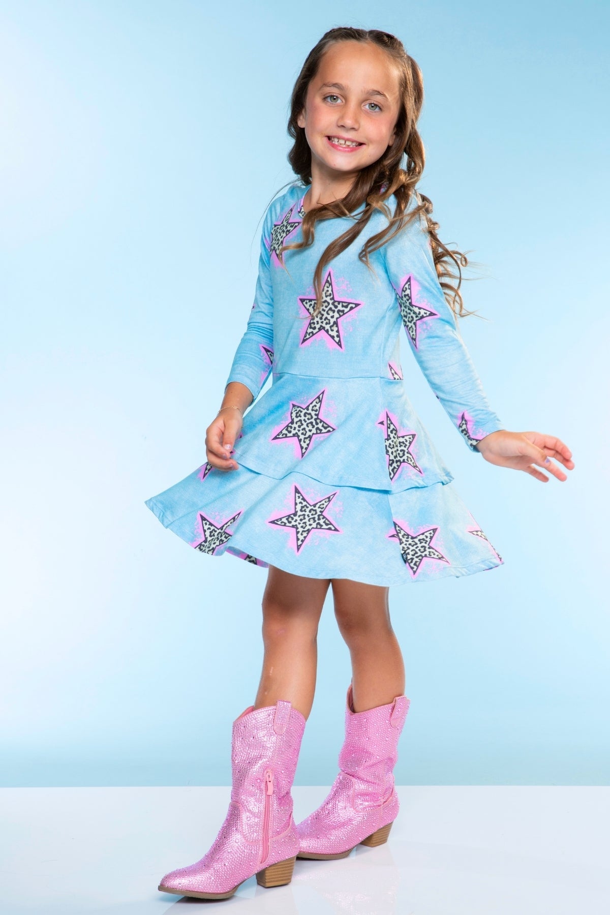Simply Soft Long Sleeve Ruffle Skirt Dress - Black Rainbow Hearts