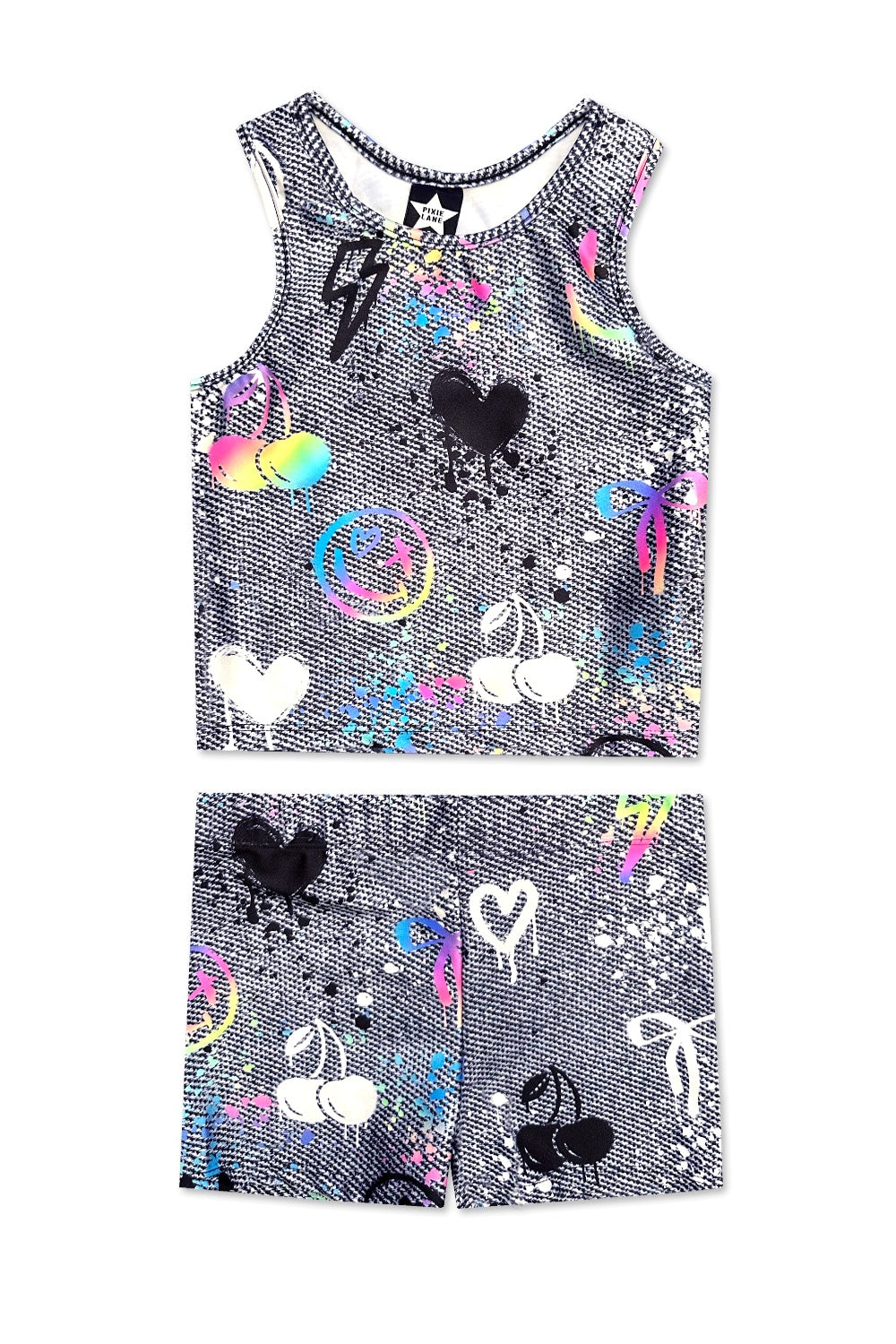 High Shine Cropped Racerback Tank & Tumble Short - Black Sparkle Rainbow Gummy Bear