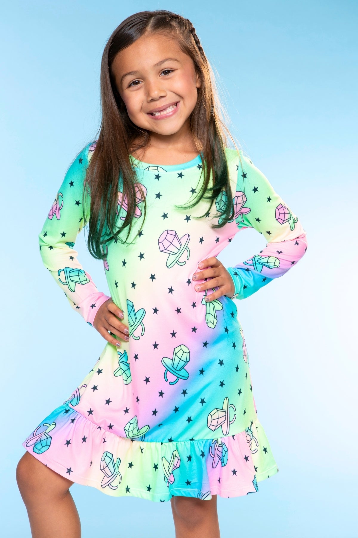 Simply Soft Long Sleeve Ruffle Lounge Dress - Lilac Rainbow Gummy Bear - NEW!