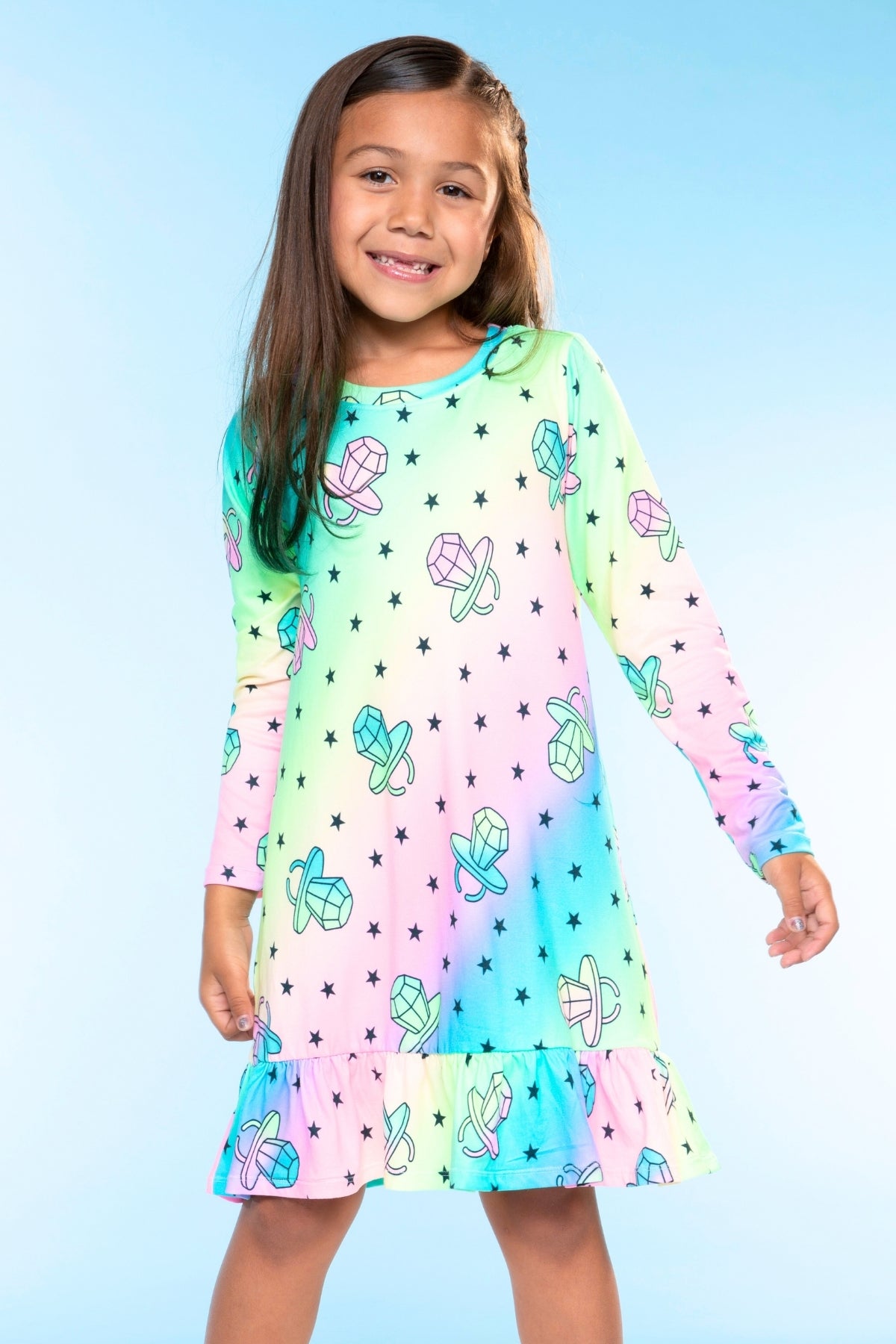 Simply Soft Long Sleeve Ruffle Lounge Dress - Lilac Rainbow Gummy Bear - NEW!