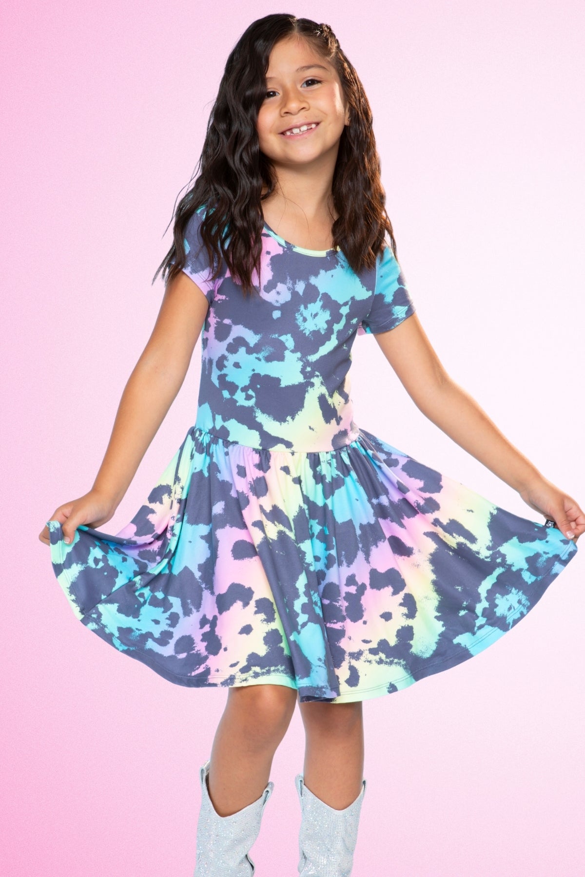Simply Soft Short Sleeve Scoop Back Be Happy Dress - Pink Tie Dye Cherry Bow