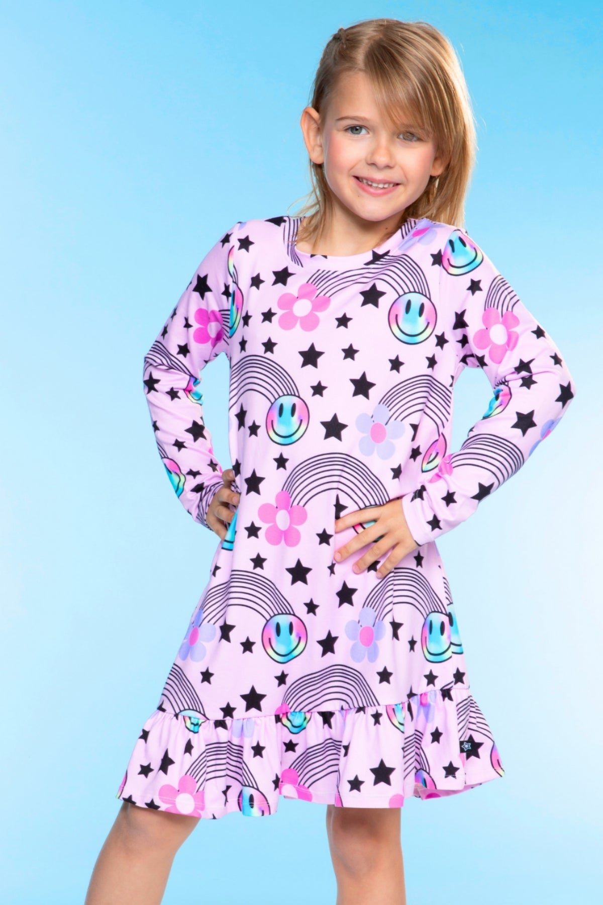 Simply Soft Long Sleeve Ruffle Lounge Dress - Lilac Rainbow Gummy Bear - NEW!