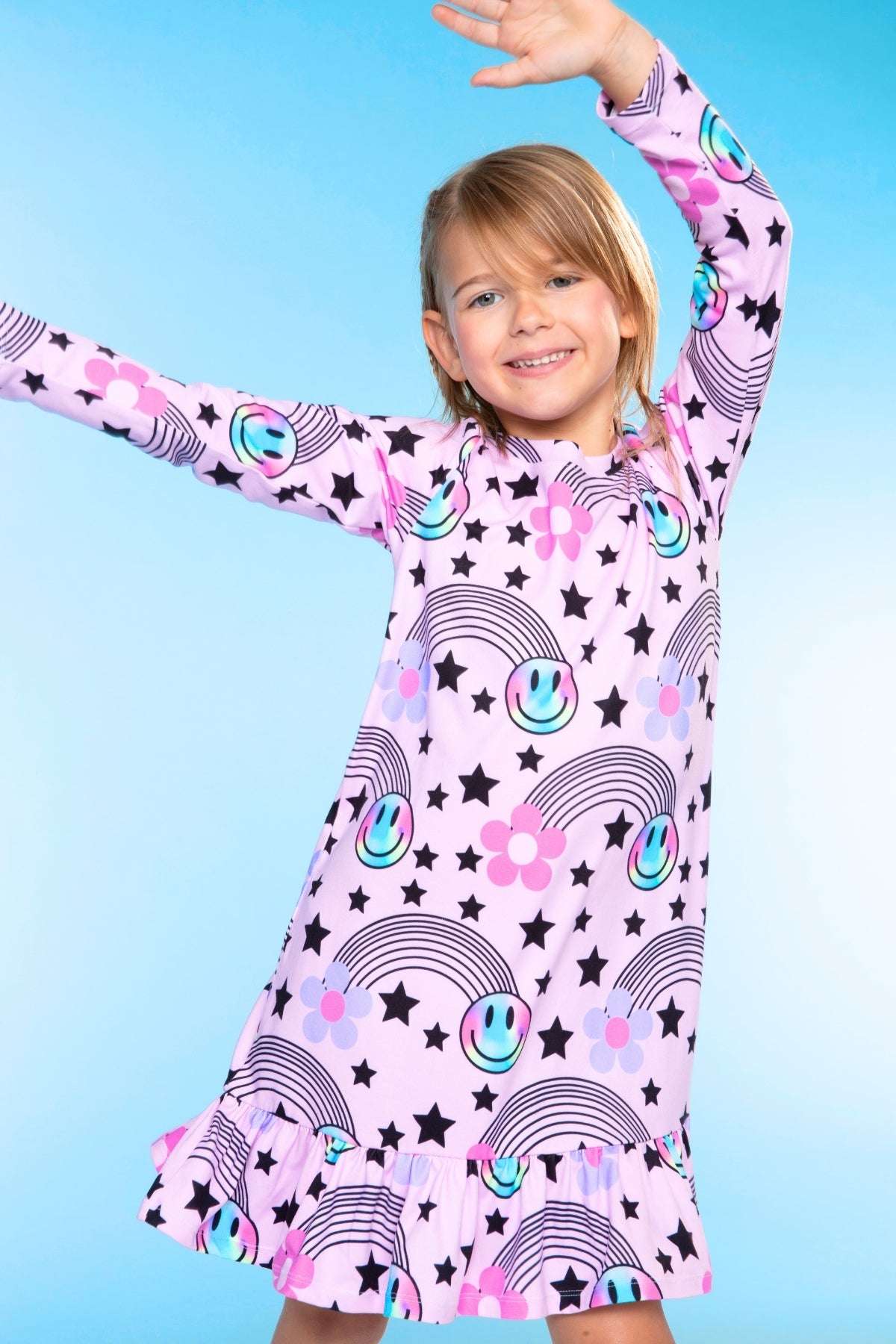 Simply Soft Long Sleeve Ruffle Lounge Dress - Lilac Rainbow Gummy Bear - NEW!