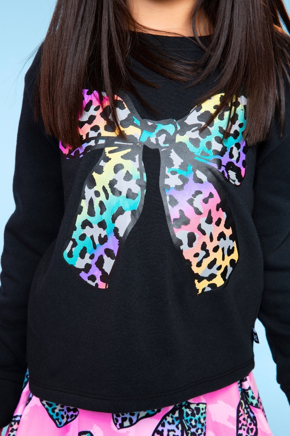 Cotton Soft French Terry Easy Crew Sweatshirt - Black Rainbow Bow