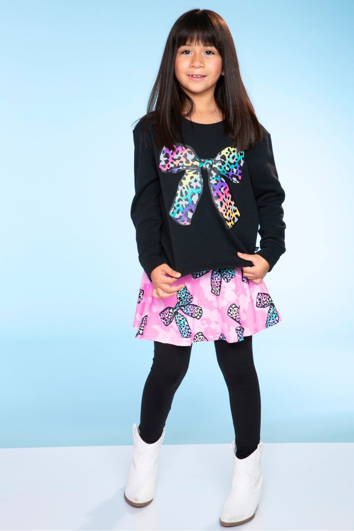 Cotton Soft French Terry Easy Crew Sweatshirt - Black Rainbow Bow