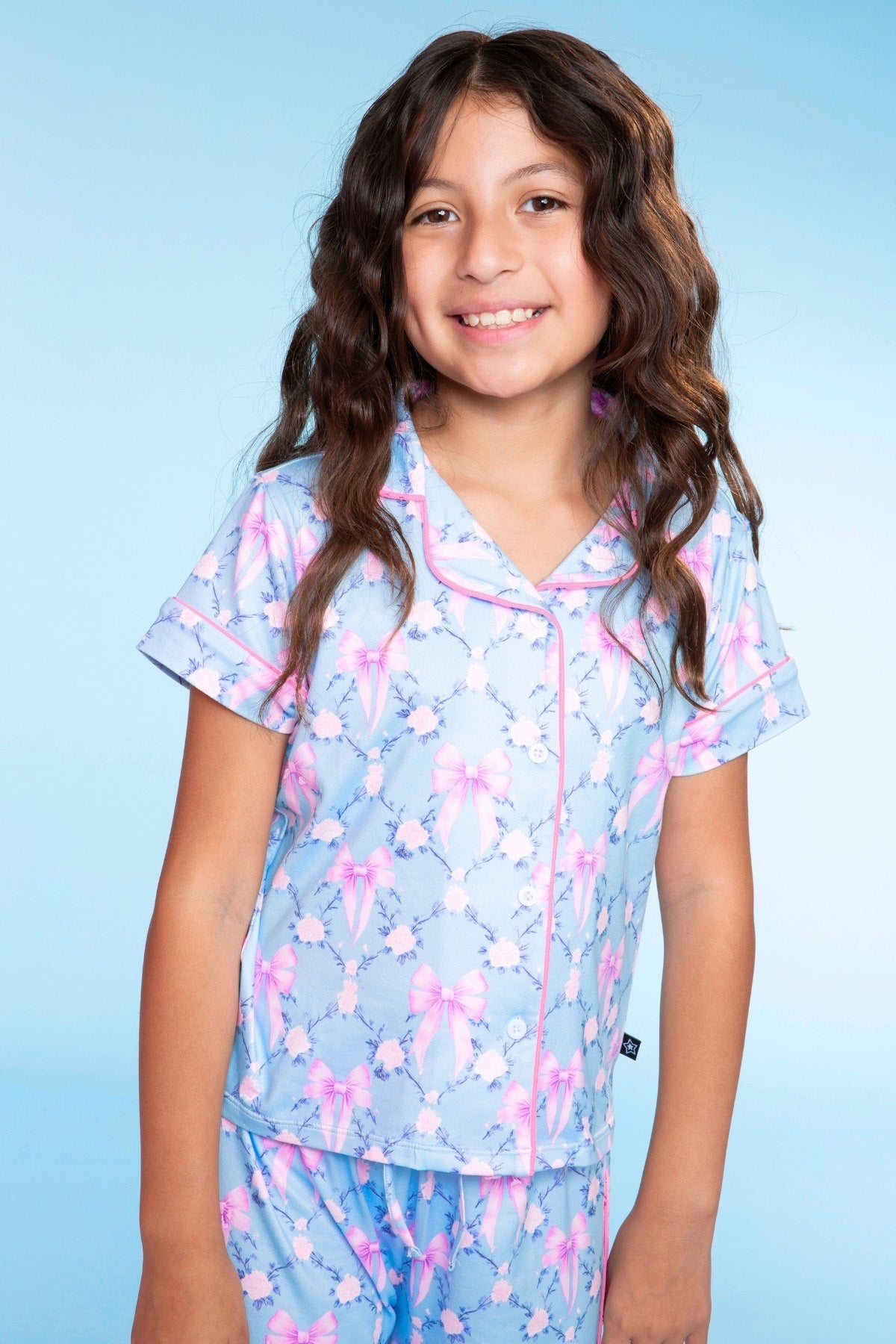 Simply Soft Button Down Tee & Karate Pant - Blush Blue Gingham Bow