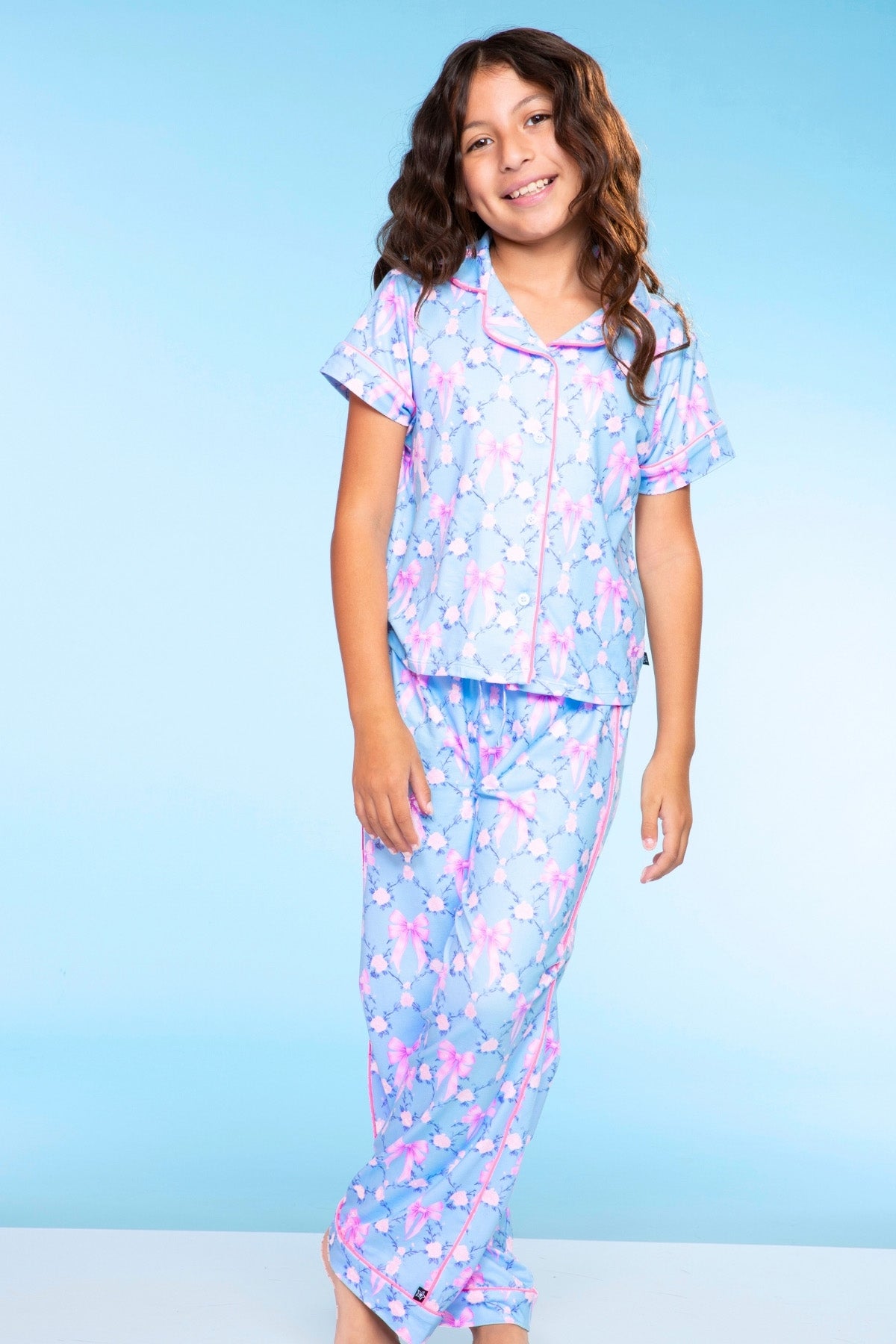 2-Pack Simple Soft Button Down Tee & Karate Pant - Blush Blue Gingham Bow | Lt Pink Paris Icons